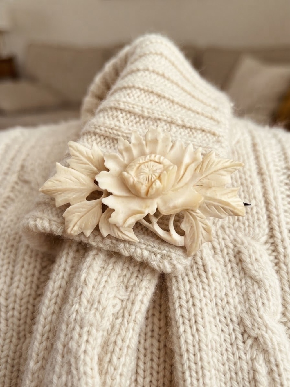 Vintage Carved Bone Flower & Leaves Statement Brooch Pin